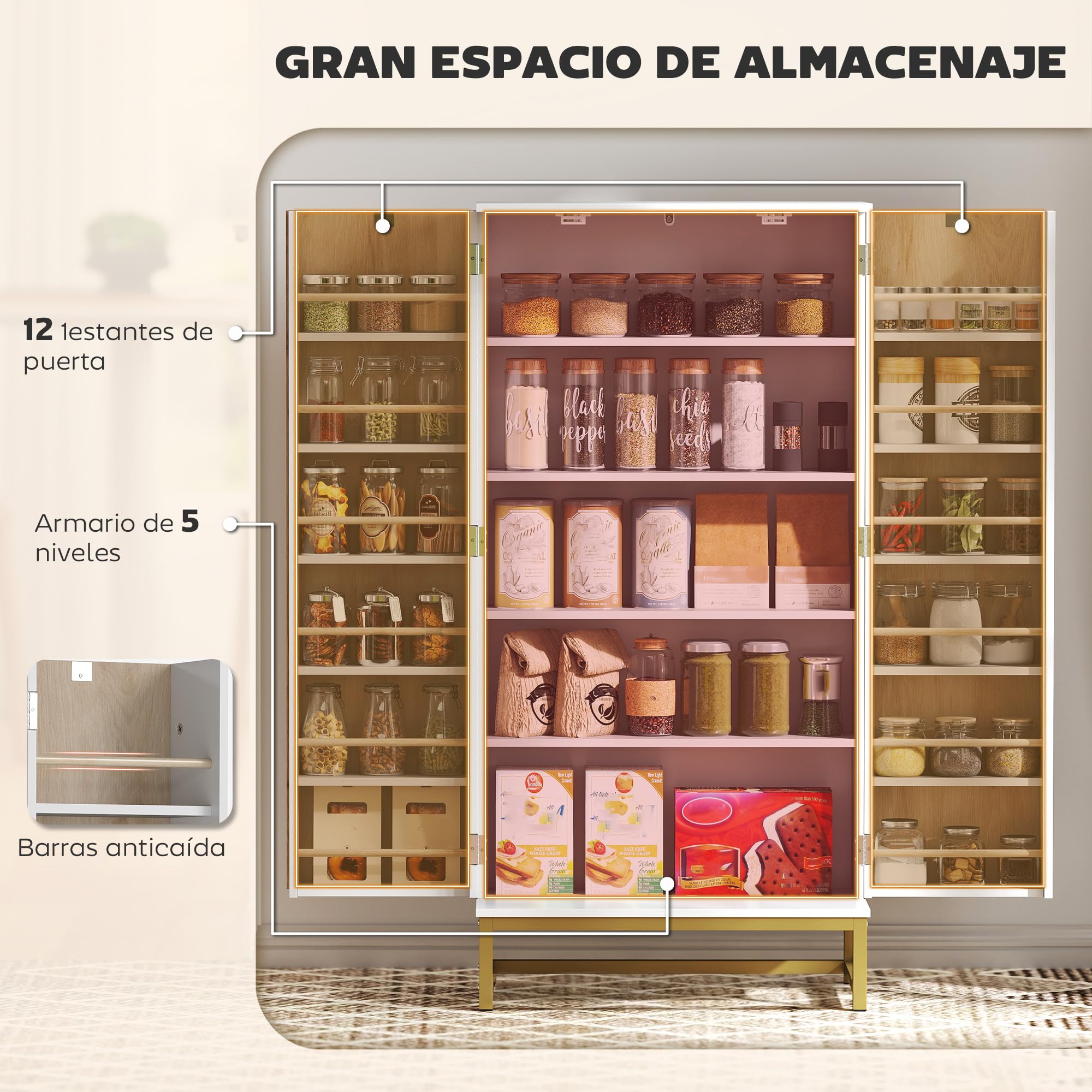 HOMCOM Armario de Cocina, Armario Despensa Cocina, con 2 Puertas con 12 Estantes, Alacena Moderna, con 5 Estantes Ajustables, Base de Acero, para Comedor, Salón, 58x29x119,5 cm, Blanco