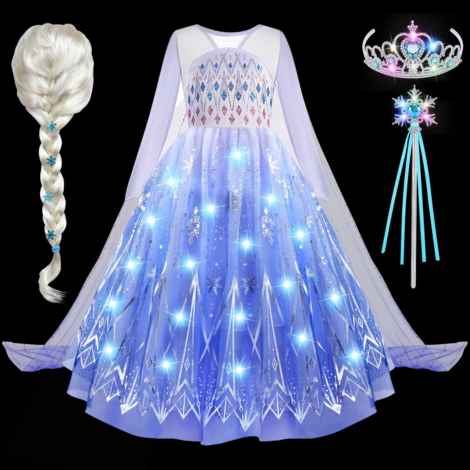 G.C LED Disfraz Princesa Niña Luminosa Vestido Elsa Frozen con Accesorios Pelucas Corona Varita Copo de Nieve Vestido Princesa Disfraz para Carnaval Halloween Cumpleaños Navidad