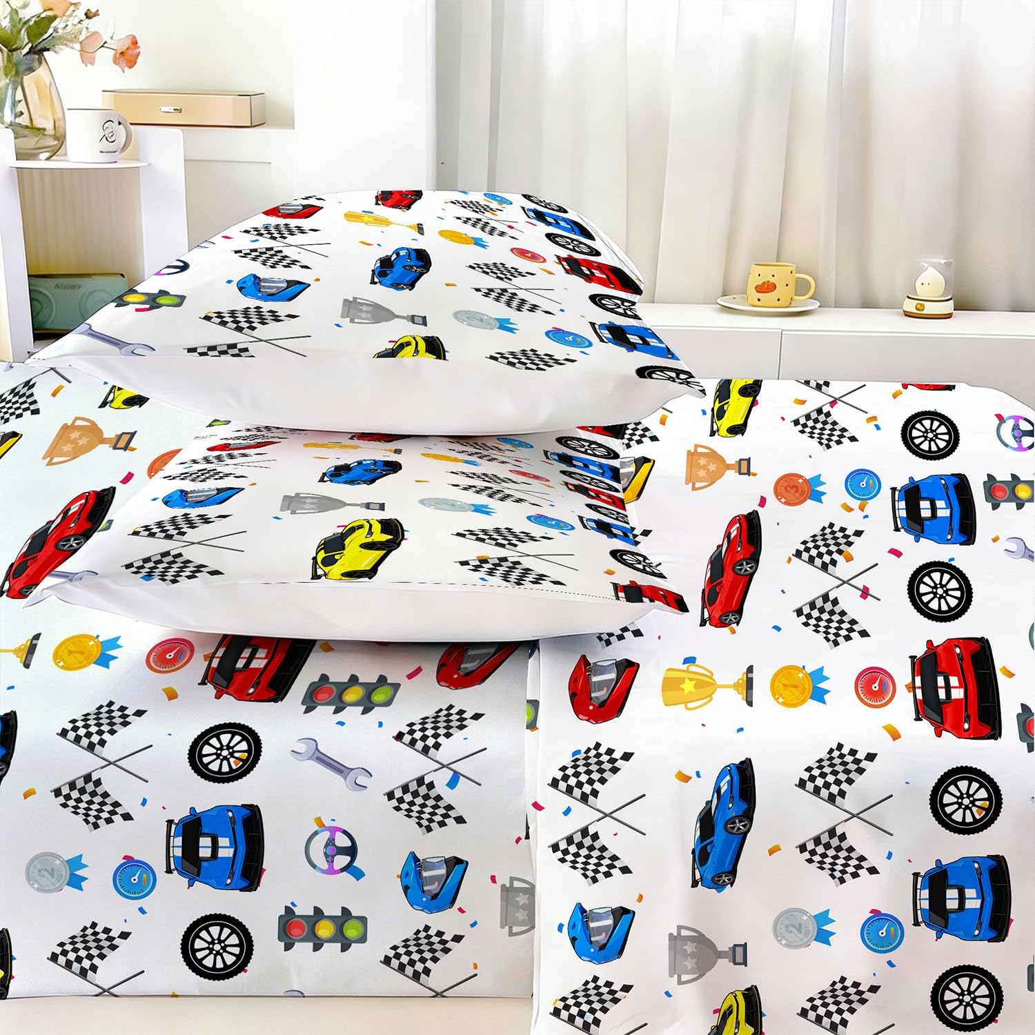 Yasida 4 Pieces Race Car Sheets Racing Flag Twin Sheets for Boys Twin Kid Sheets Set Washable Soft Microfiber Fitted Flat Sheet