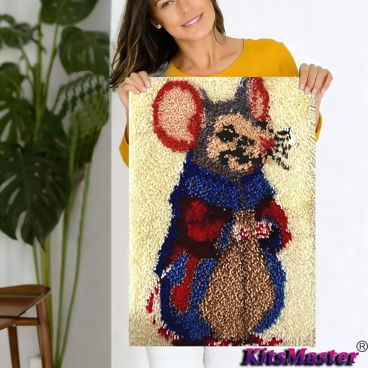KitsMaster Cute Mouse Latch Hook Rug Kit – Animal Latch Hook Kit Beginner Friendly with Pre-Printed Canvas, Color-Coded Yarn, Rug Craft for Adults & Beginners, 23.6''x15.8'' (Mouse Portrait)