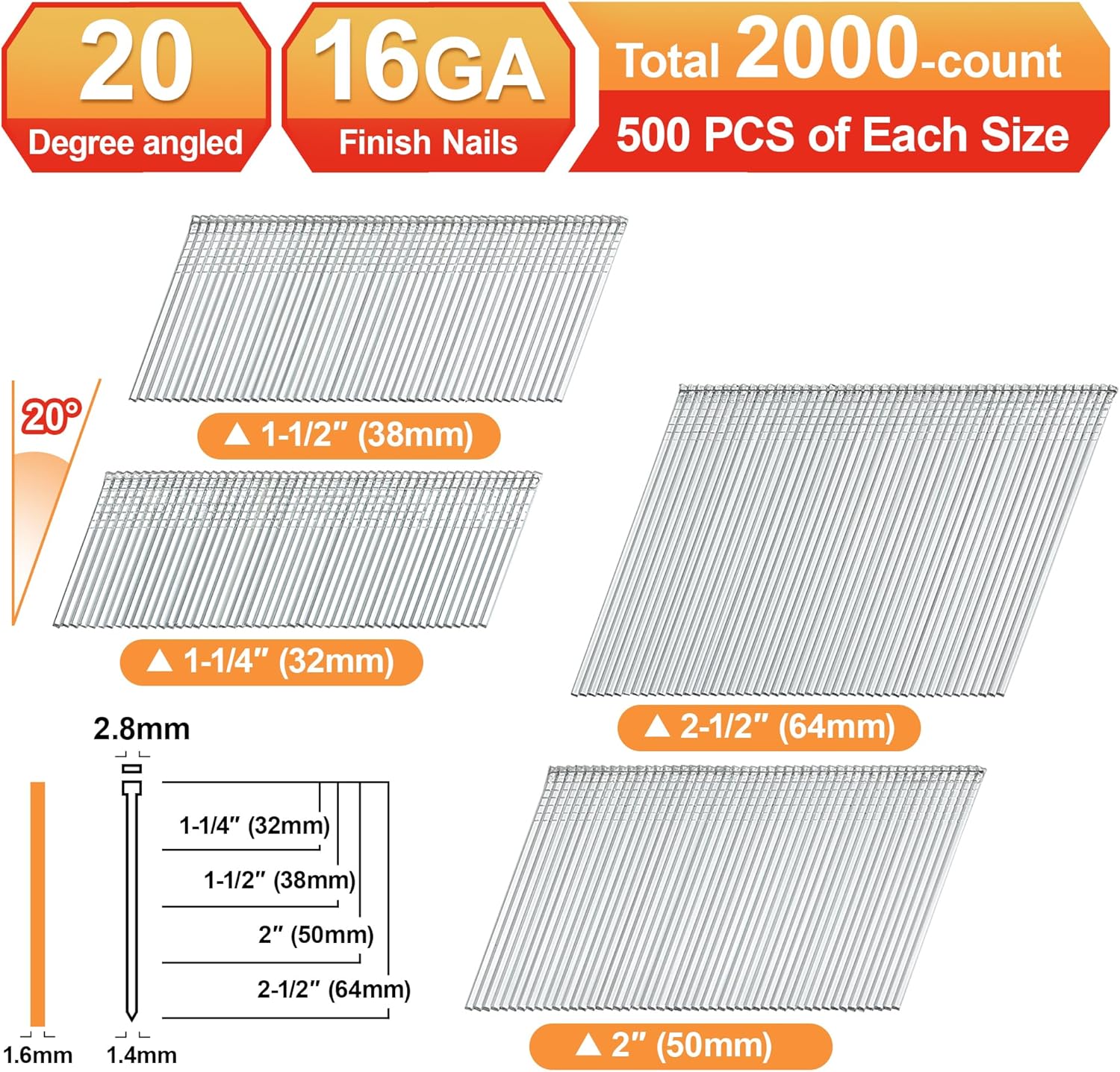 16 Gauge Angled Finish Nails,20-Degree,Galvanized Assorted Size Project Pack,for Pneumatic,Electric Angled Finish Nailer(2-1/2", 2", 1-1/2", 1-1/4",2000-Pack) - Image 2