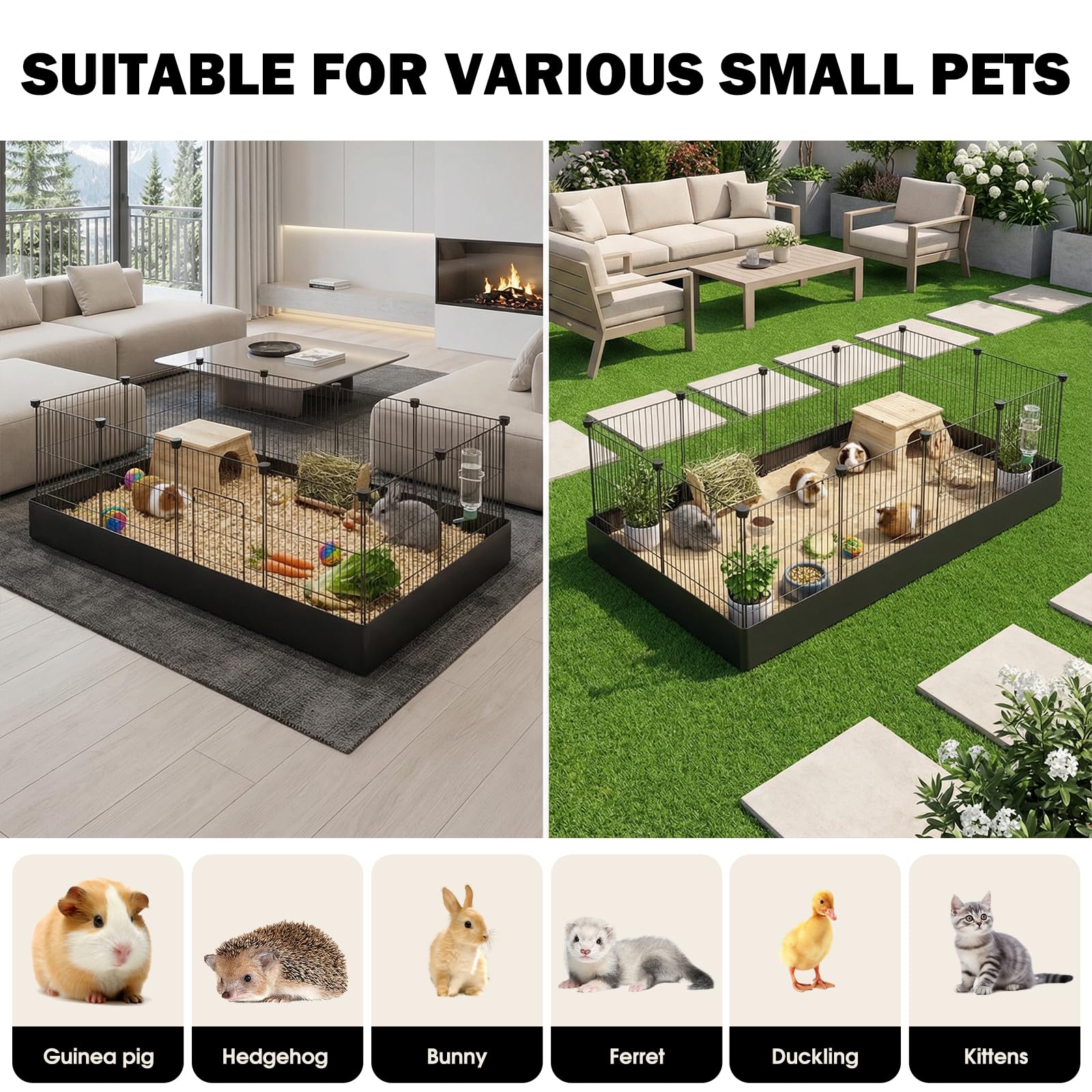 PAWING Kleintier-Laufstall mit 12 Paneelen und wasserdichter Matte, robuster Metalldraht, Hofzaun für Meerschweinchen, Kaninchen, Kätzchen, Welpen, Hamster und Igel – Haustierkäfig für drinnen und