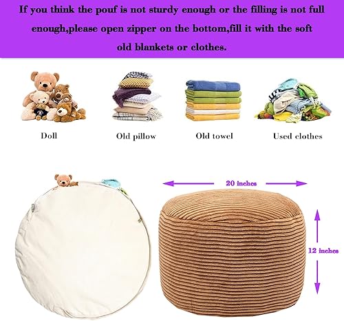Miniatura 2 de Puf otomano relleno con relleno de puf de algodón PP, puf de terciopelo para piso, taburete otomano redondo de almacenamiento, reposapiés de 20 x 12