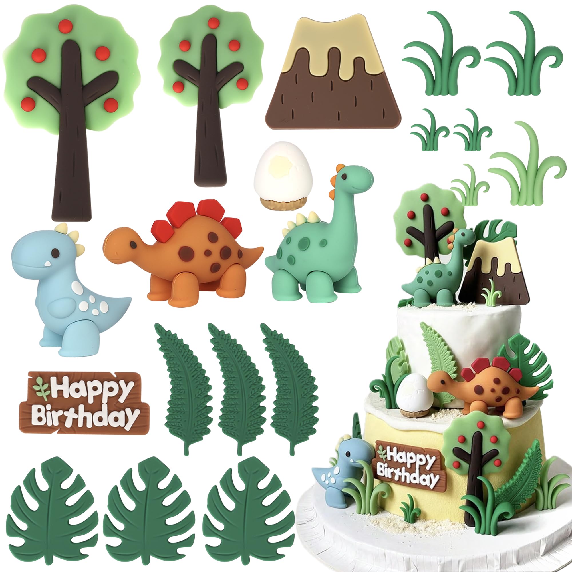Xsstarmi 22 Pack 3D Dinosaur Cake Topper Dinosaur Eggs Ancient Forest Volcano Cake Pick for Baby Shower Kids Birthday Party Cake Decorations Supplies