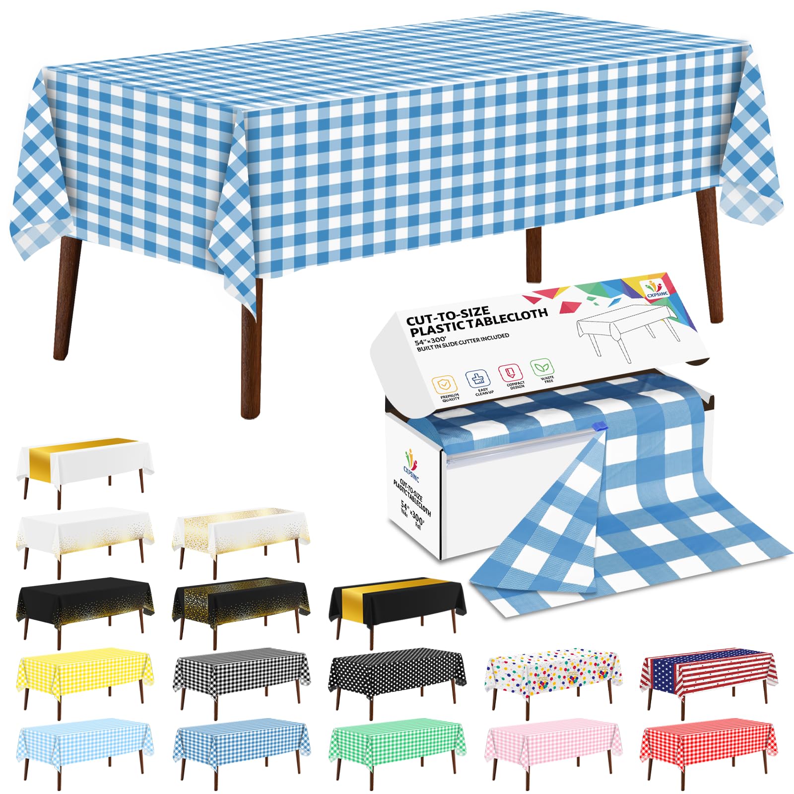 CXPSINC 54 Inch X 300 Feet Plastic Table Cover Roll Disposable Tablecloth with Slide Cutter for All Type/Shape Tables | Party, Banquet, Birthdays, Weddings(Blue Checkered, 300 Feet)