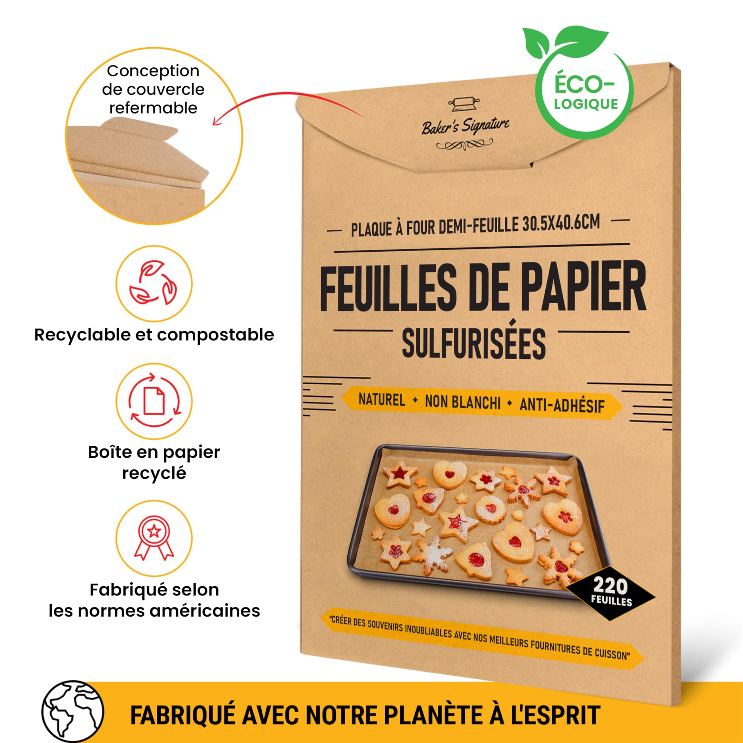 Baker's Signature - Papier Sulfurisé 220 Feuilles - Format Demi 30x41cm, Antiadhésif pour la Cuisson, la Cuisine & la Rôtisserie - Facile à Utiliser & à Nettoyer