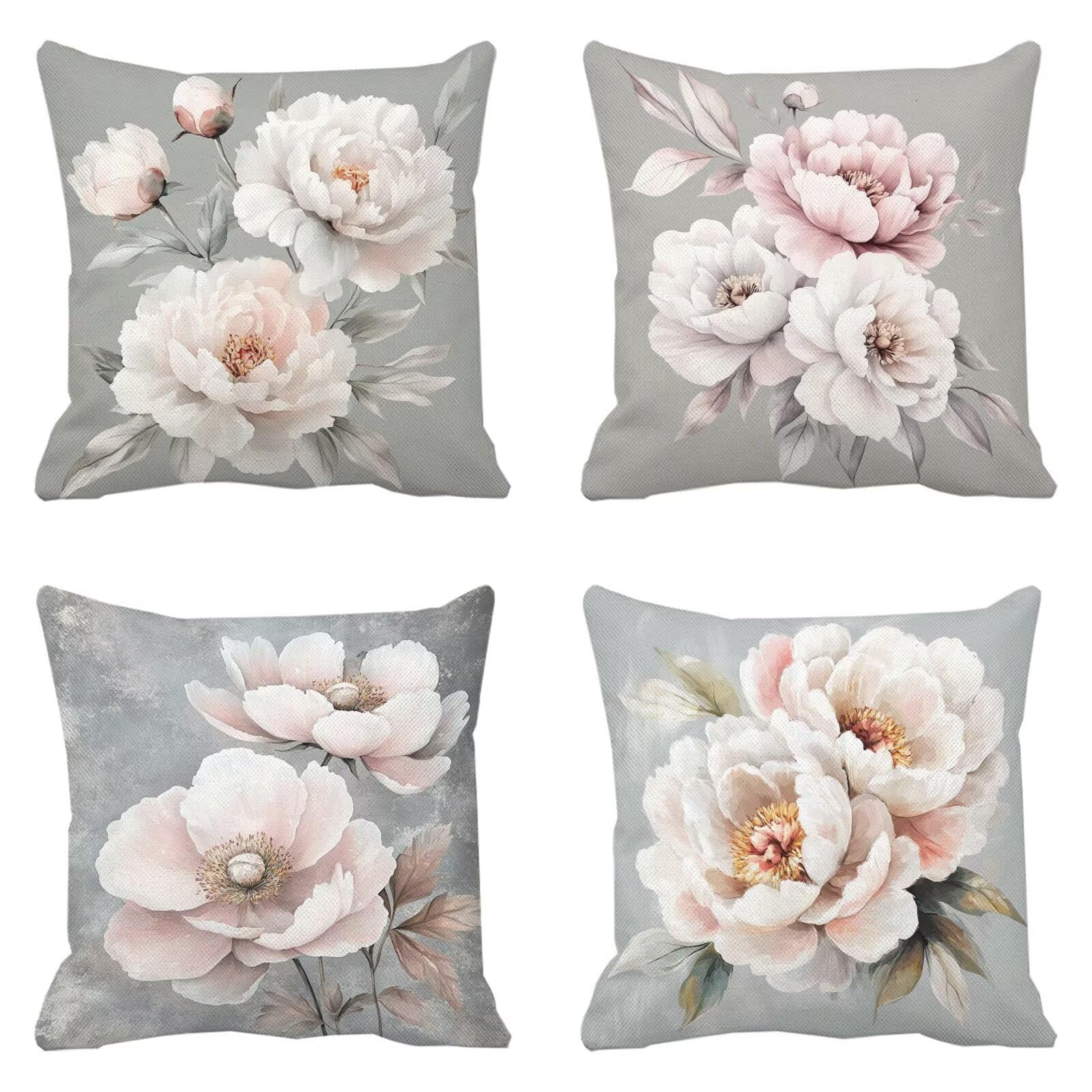 Juego de 4 cojines grandes impermeables para exteriores, 50 cm x 50 cm, fundas de almohada de doble cara rosa y gris para primavera/verano, muebles de jardín, decoración de patio, aspecto de lino