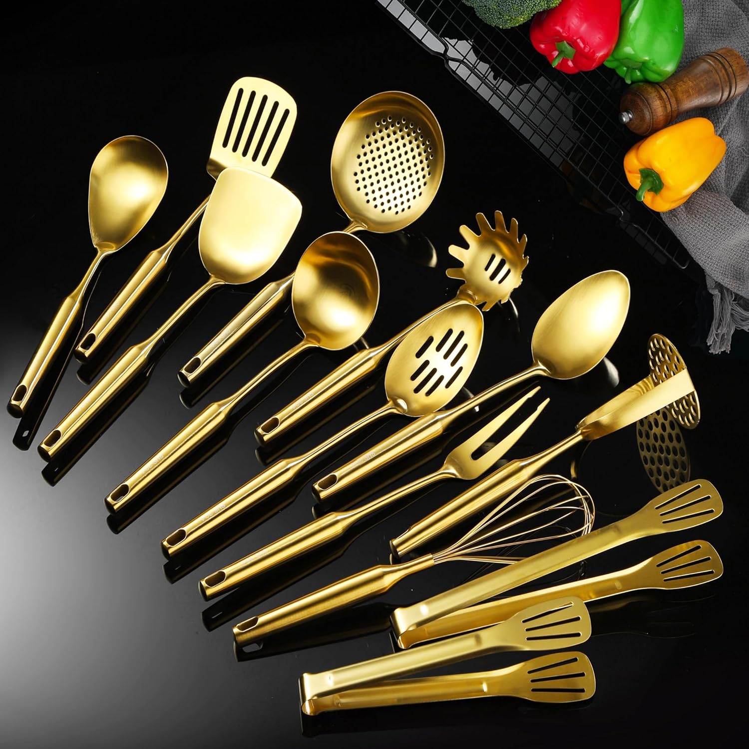 Gold Kitchen Utensils for Cooking 13 PCS Stainless Steel, Solid Slotted Spoon, Fork, Spatula, Ladle, Skimmer, Slotted Tunner, Spaghetti Large Spoon, Meat Fork, Masher, Whisk, Tongs