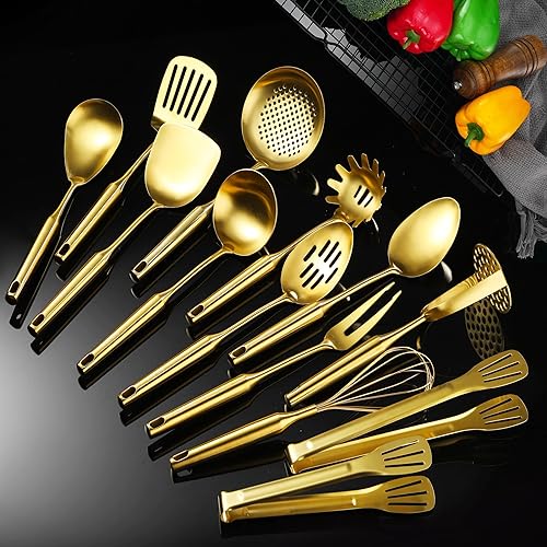 Utensilios de cocina dorados para cocinar, 13 unidades, acero inoxidable, cuchara ranurada sólida, tenedor, espátula, cucharón, espumador, afinador