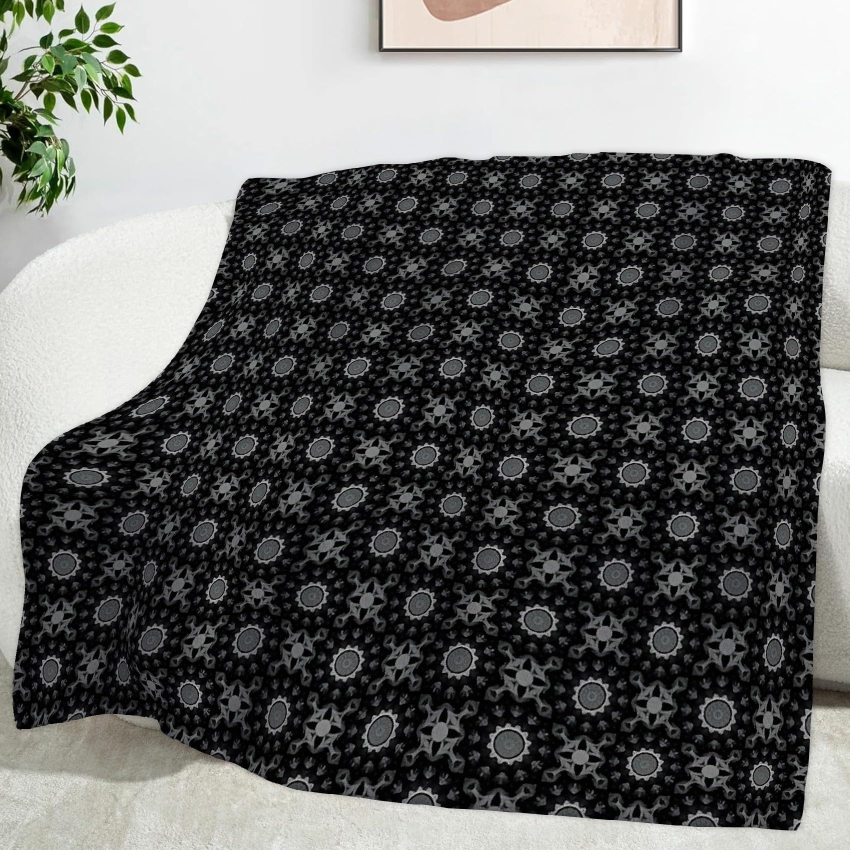Couverture géométrique grise style rétro pour vos soirées cocooning au salon