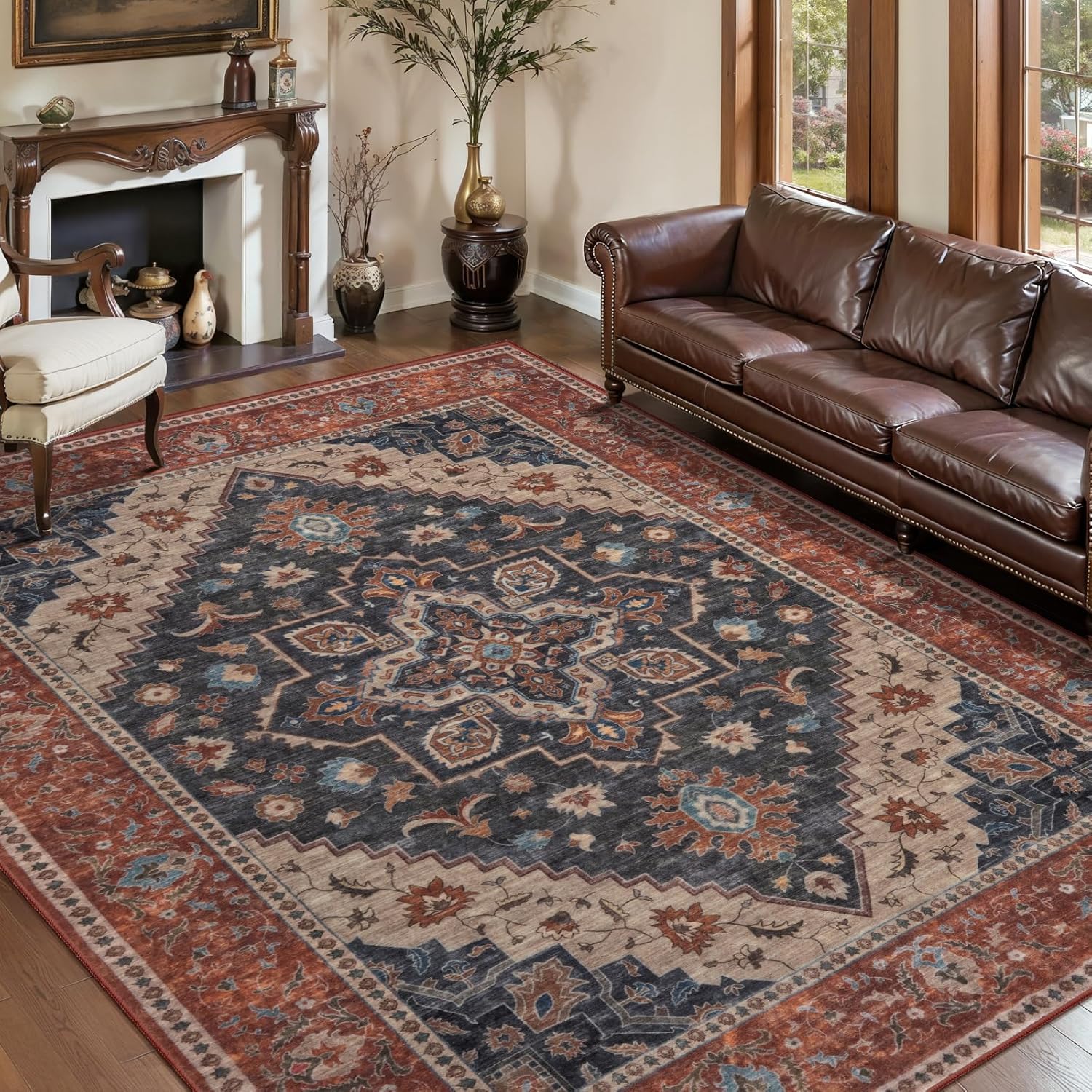 Tapis salle de conférence vintage grand salon bleu et rouge