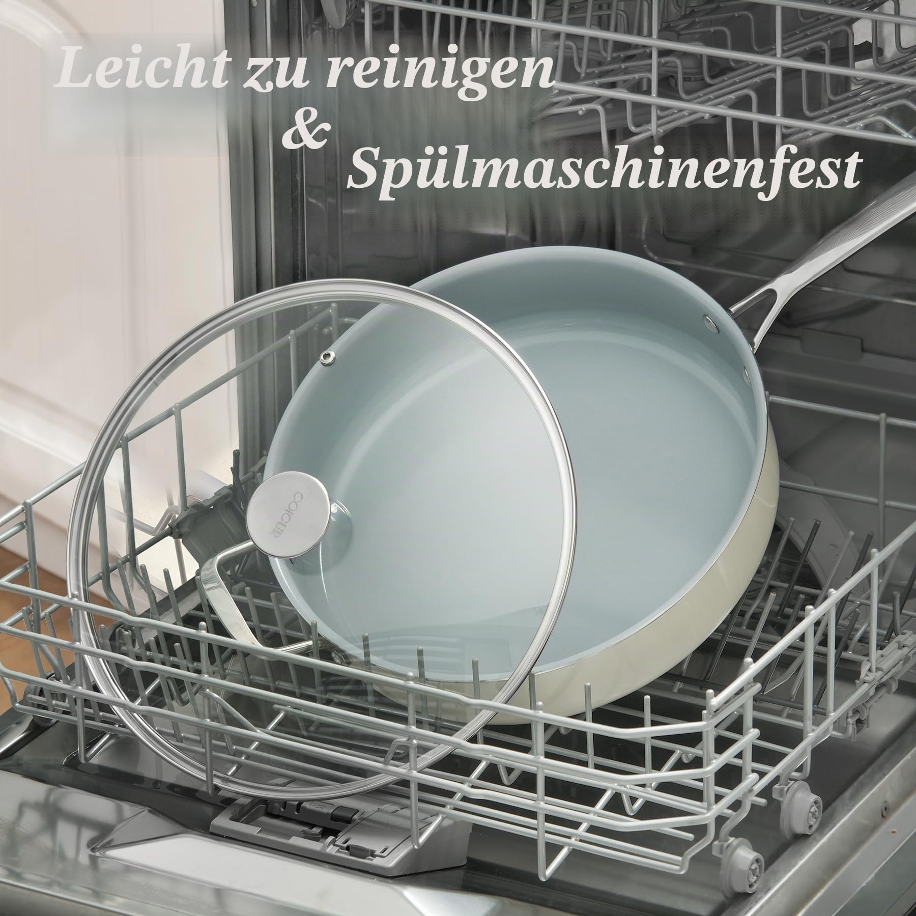 Bratpfanne 30cm，Pfanne mit Deckel Antihaft-Keramikpfanne, Induktion mit Edelstahlgriff und Deckel PTFE‑frei / PFOA‑frei / PFAS‑frei, Backofenfest, Spülmaschinenfest Cremeweiß