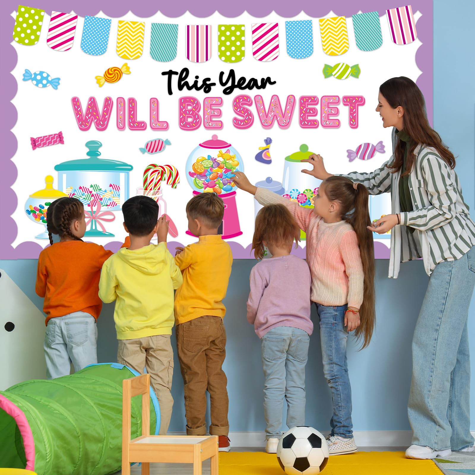 QOUBAI Juego de tablón de anuncios de caramelos, decoración de tablón de anuncios para aula, máquina de chicles, recortes de papel para bienvenida de regreso a clases, decoración de puerta de pared