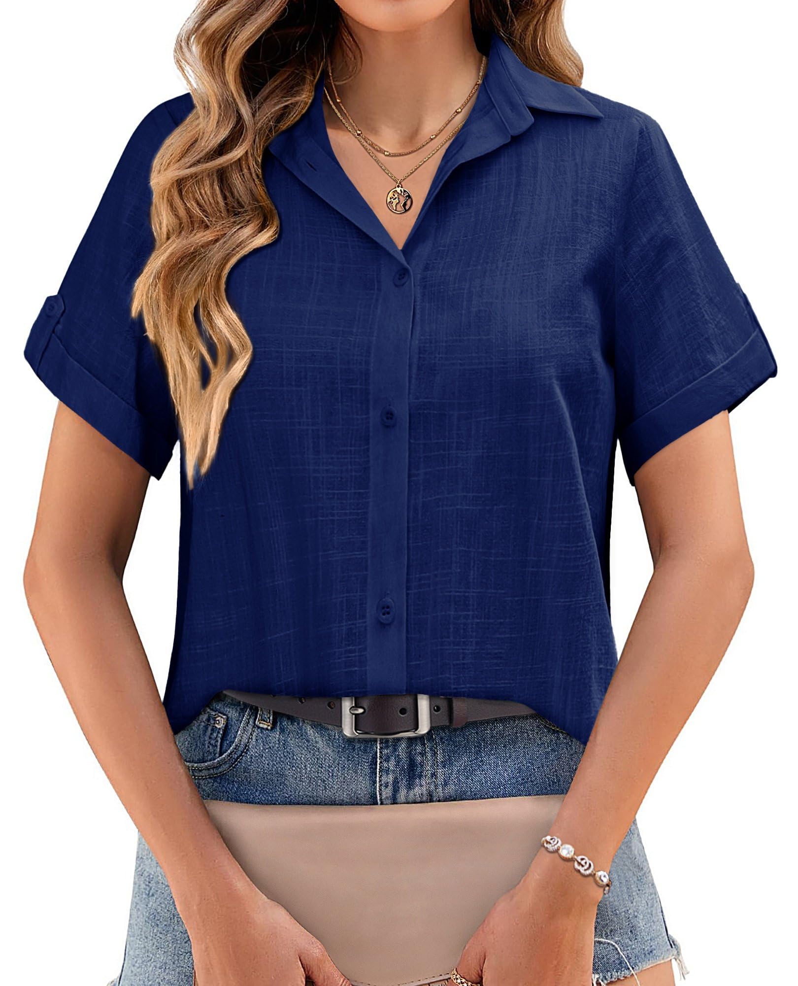 Zeagoo Camicetta da Donna Camicia 100% Cotone con Scollo a V Camicie Eleganti Camicia Maniche Corta Top Tinta Unita a Tunica Casual Top S-XXL
