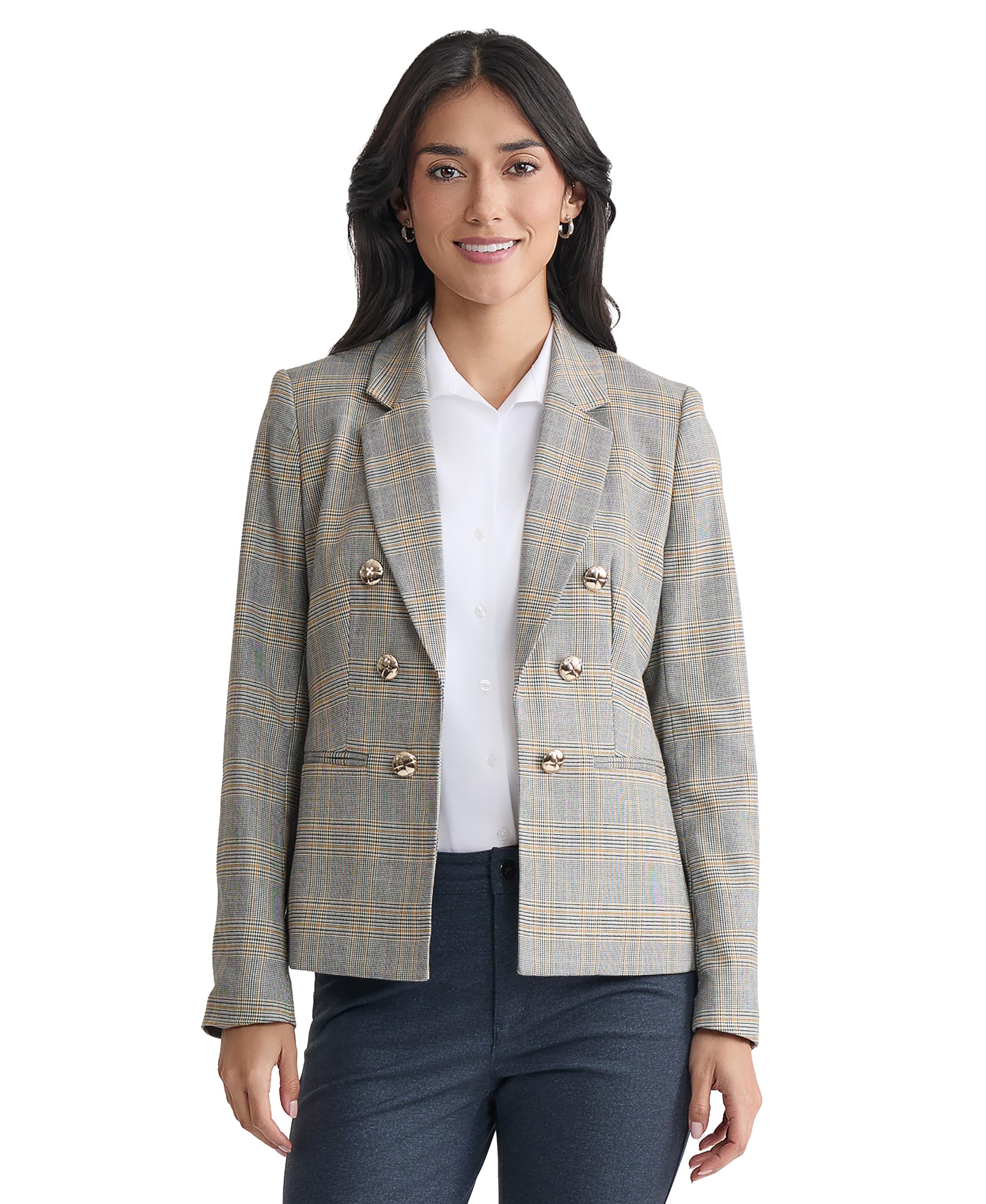 Jones New York Womens Glen Plaid Faux Double Breasted Blazer