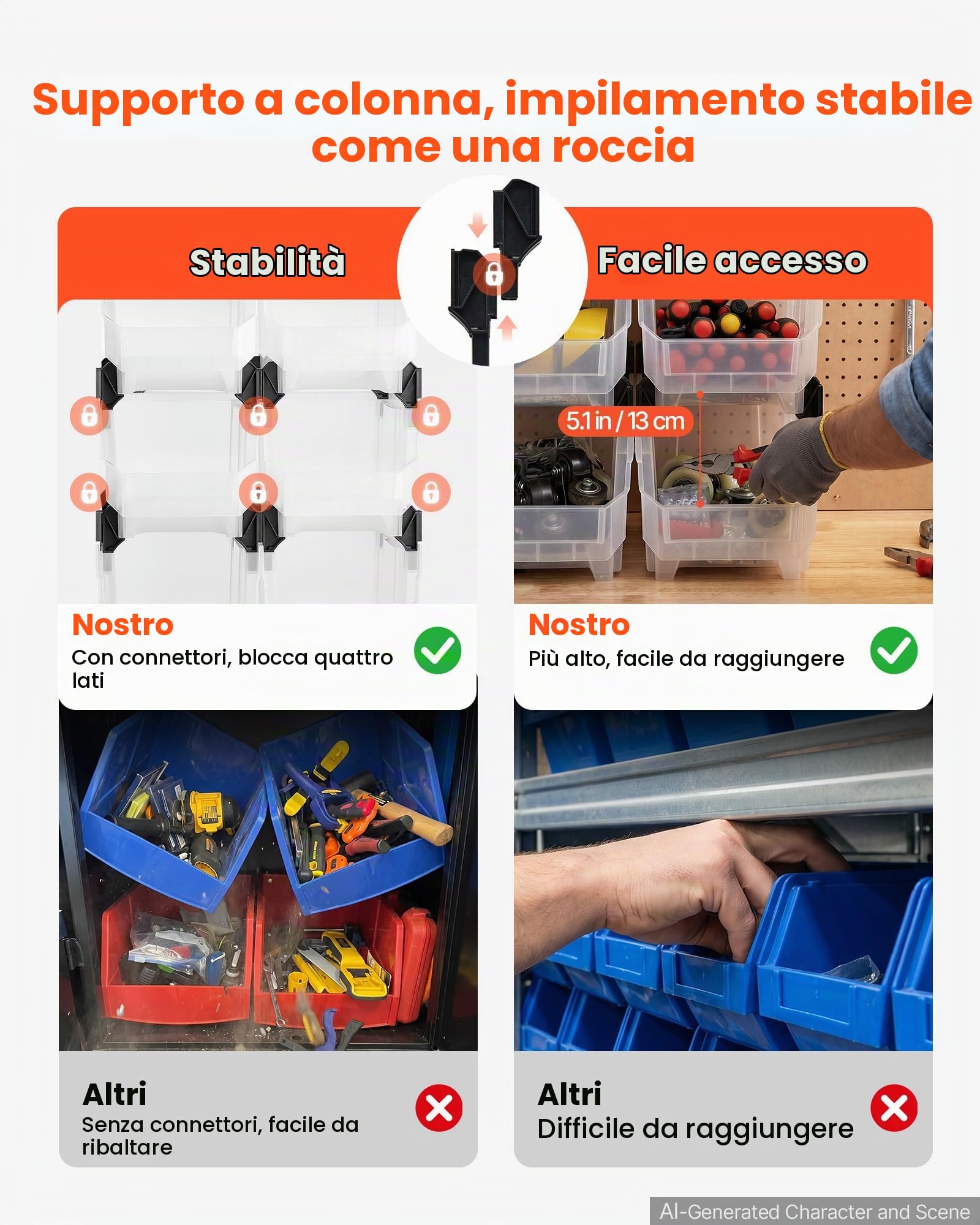 VEVOR Contenitori Impilabili in Plastica, 377 x 215 x 180 mm, 12 Pezzi, Contenitori in Plastica per Organizzare Oggetti in Armadio, Garage, Forniture per Ufficio, Altri Accessori, Nero e Trasparente