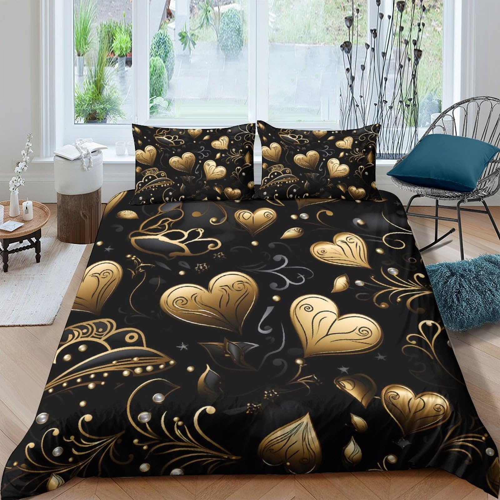 GPLZQXKJNH 3D Printed Golden Heart Black Duvet Cover Microfiber Soft Breathable Crown Bedding Set with 2 Pillowcases for Home Bedroom Single（135x200cm）