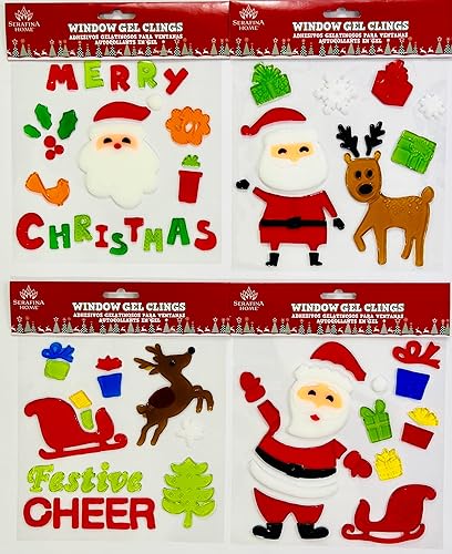 Pegatinas de gel de Navidad para ventanas y espejos, 4 hojas de diseños de invierno Santa, Santa y más Papá Noel