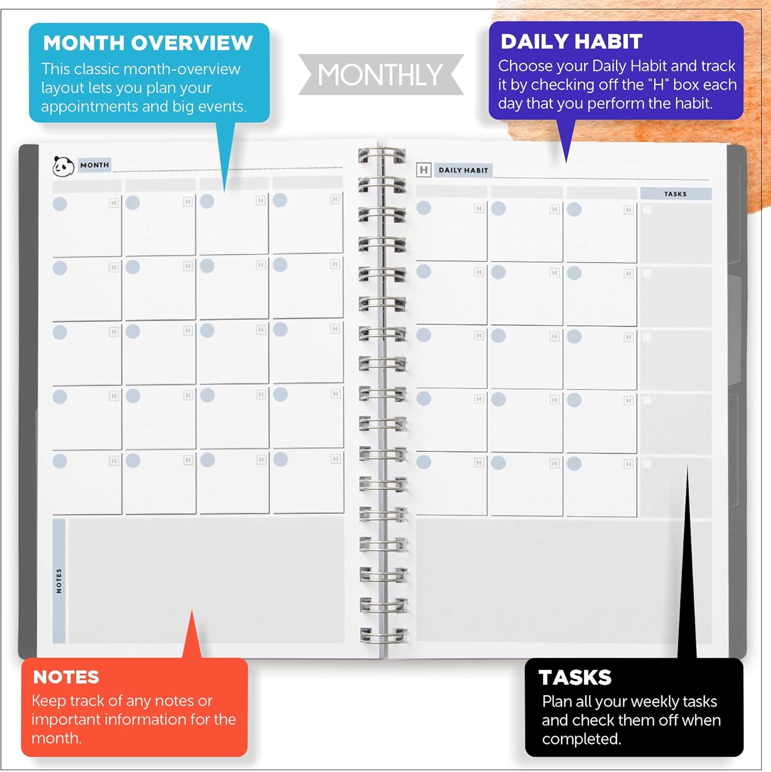 Panda Planner Black Spiral 90 Day Planner and Original Color Sticky Note Bundle