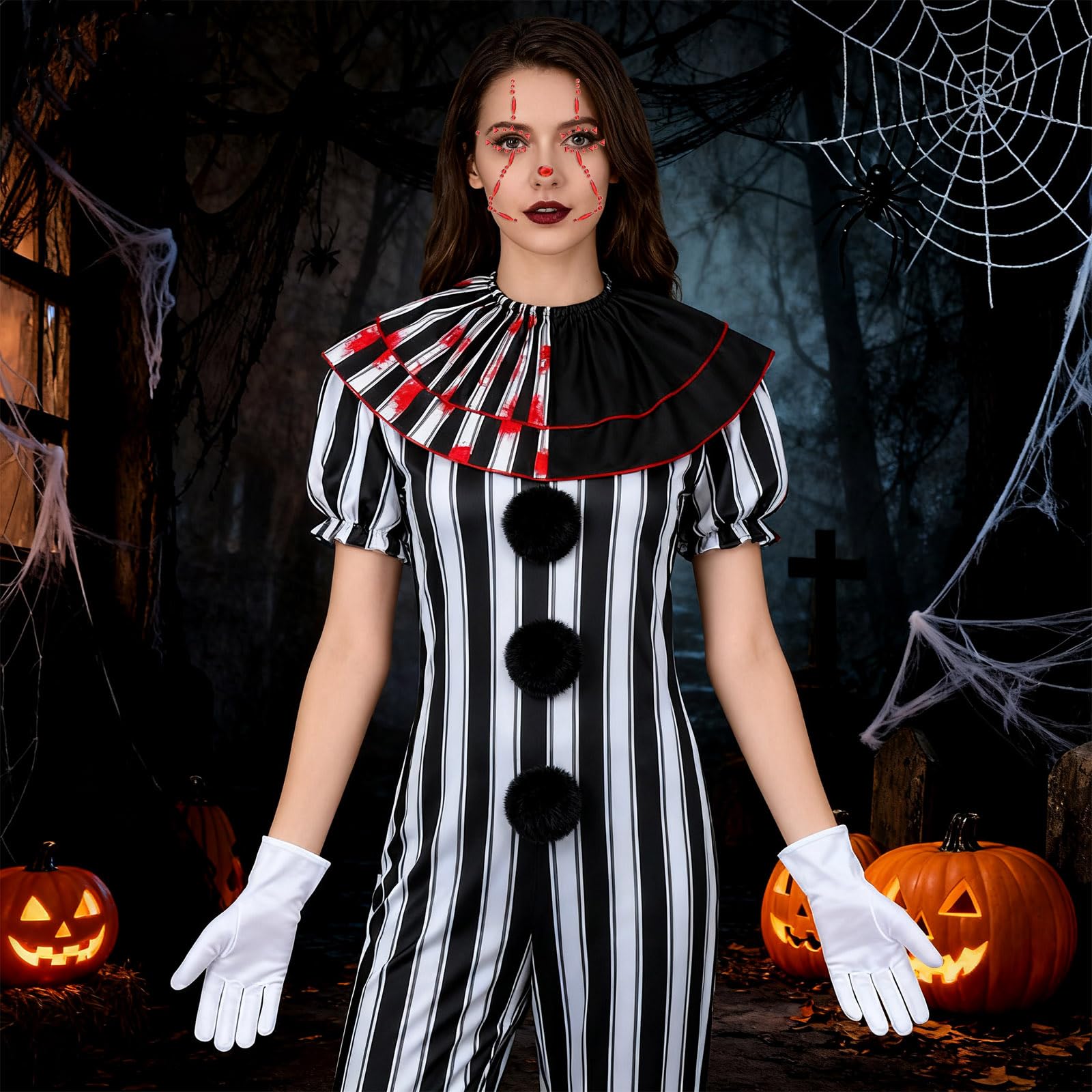 4 PCS Scary Clown Accessories Women Men, Killer Clown Collar Ruffle Face Gems Black Pompoms White Gloves - Image 3