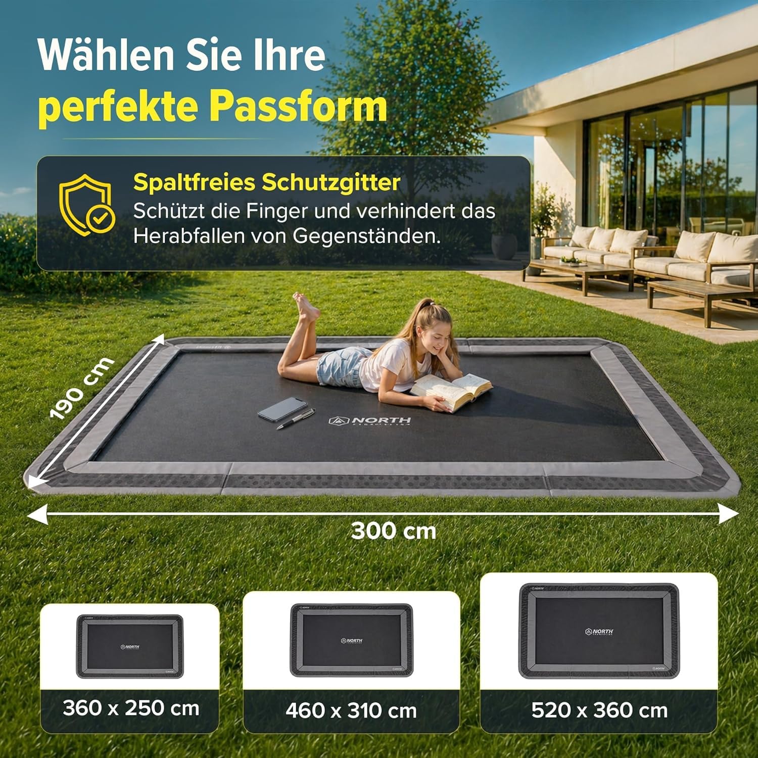 North Trampoline Boden Trampolin Outdoor mit Sicherheitsnetz & Abdeckplane – Bodentrampolin Gartentrampolin – Anpassbare Hohe Sprungkraft – TDU Belüftete Polster – Verzinkter Rahmen – Kinder, Familie