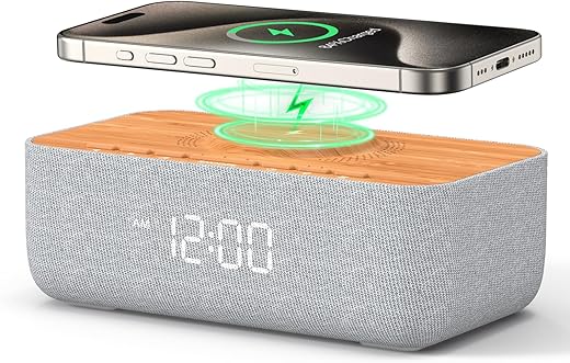 REACHER 15 W Fast Magnetic Wireless Charging Alarm Clock with White Noise Machine, Woodgrain Style