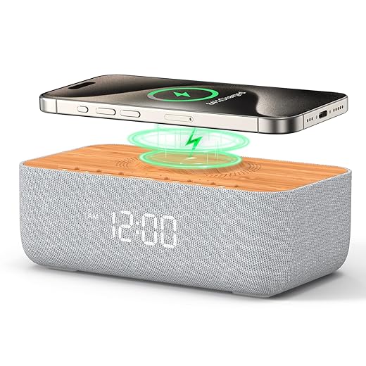 REACHER 15 W Fast Magnetic Wireless Charging Alarm Clock with White Noise Machine, Woodgrain Style