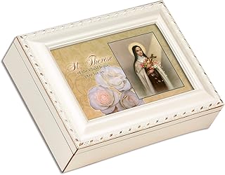 Cottage Garden St Therese of The Child Jesus Ivory Rope Trim Jewelry Music Box Plays Ave Maria