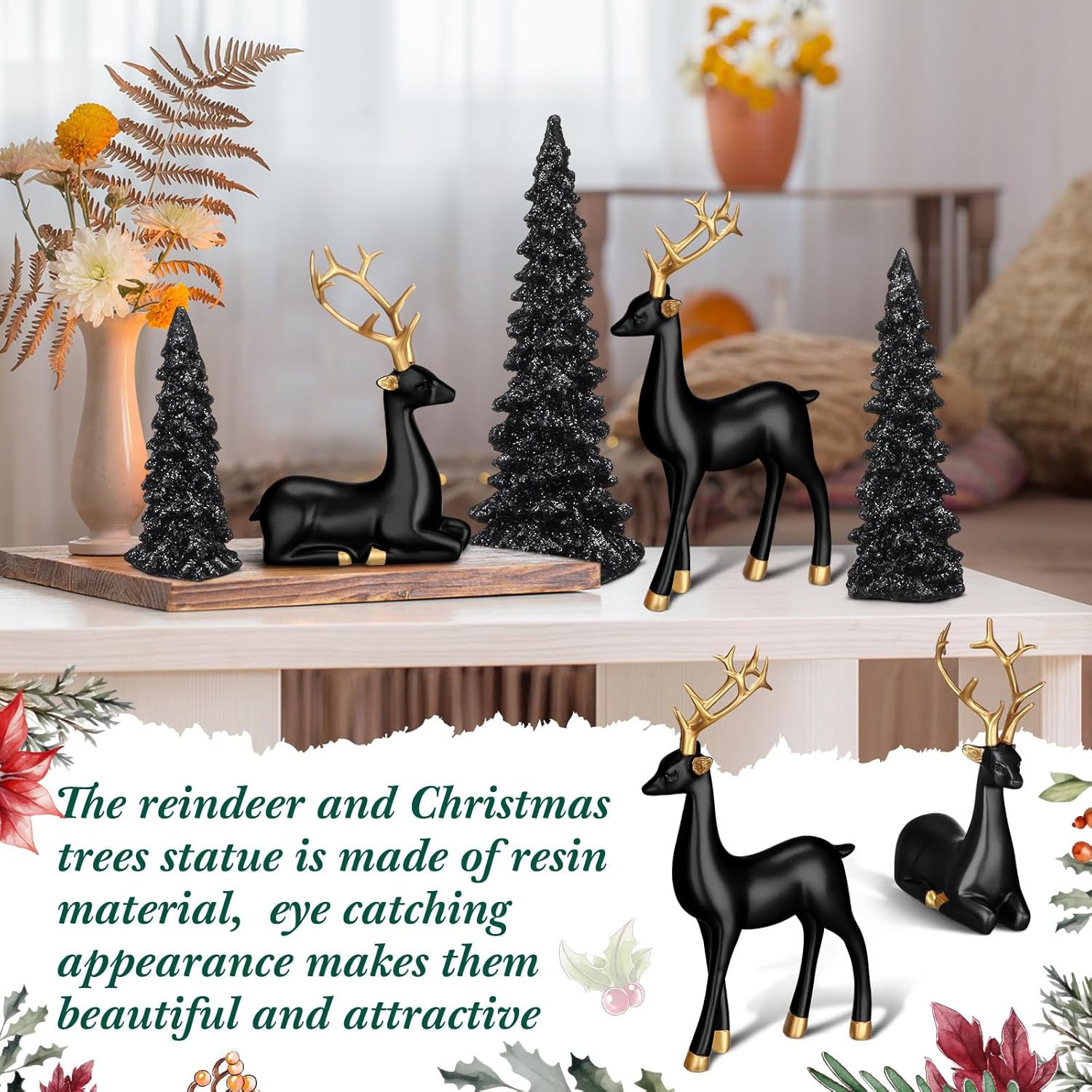 Pinkunn 5 Pcs Reindeer Christmas Decor and Trees Christmas Resin Sitting Standing Lucky Deer Reindeer Figurines for Tabletop Indoor Home Decorations Mantle Cabinet Desktop Office(Black)