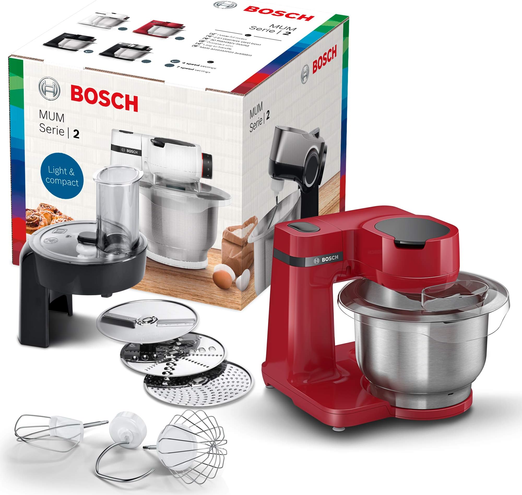 Kitchen Machine,700 Watt, 4 Speed Settings, 3.8 Liter Bowl, Whisk, Stirrer & Kneading Hook, Continuous shredder with 3 discs Red Colour-MUMS2ER01G,1 Year Manufacturer Warranty