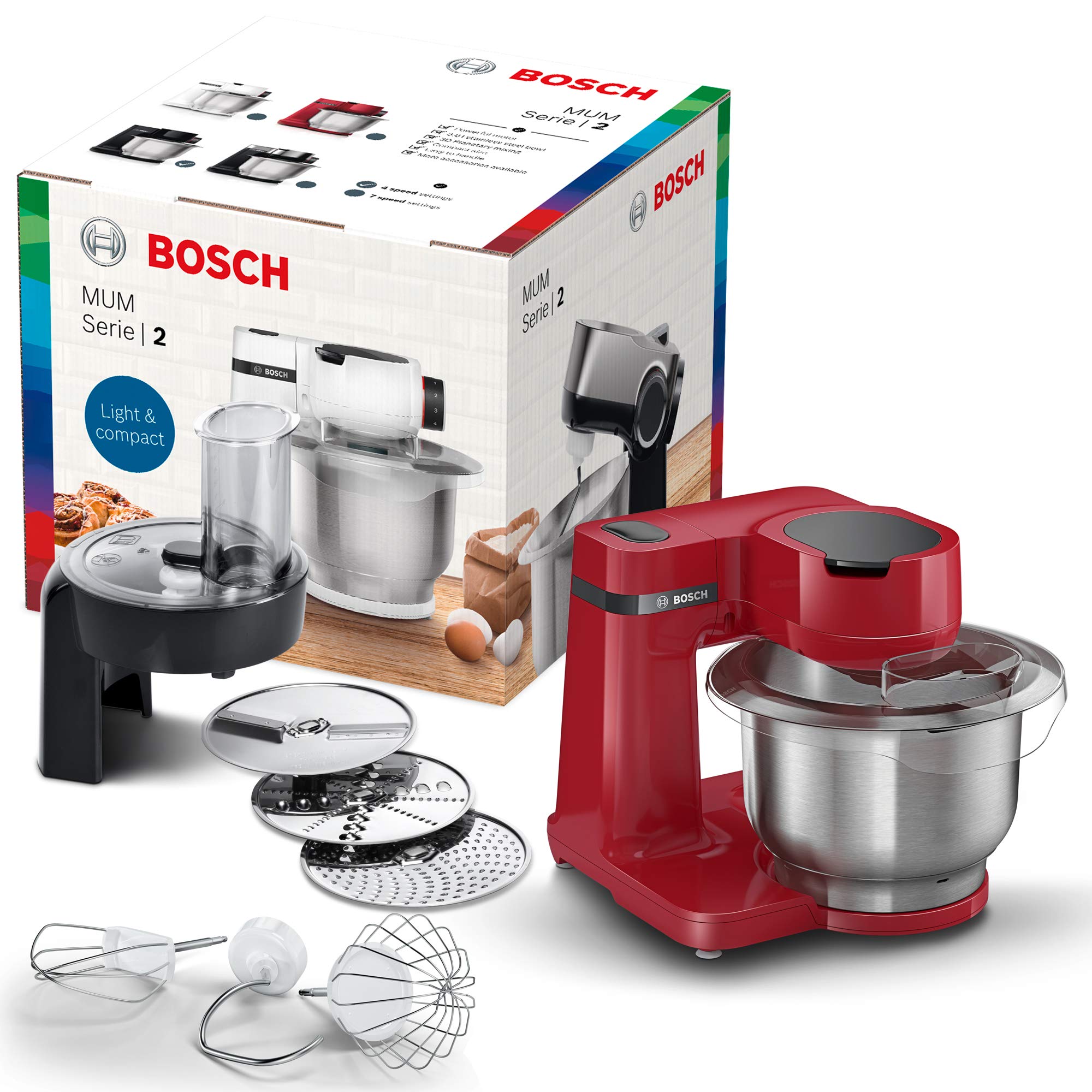 Bosch Kitchen Machine,700 Watt, 4 Speed Settings, 3.8 Liter Bowl, Whisk, Stirrer & Kneading Hook, Continuous shredder with 3 discs Red Colour-MUMS2ER01G,1 Year Manufacturer Warranty