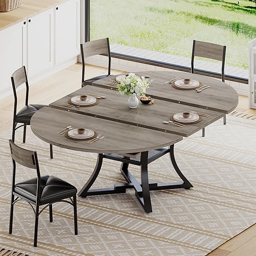 Itaar Round Extendable Dining Table Set for 4-6 People, 5-Piece Kitchen Table Set with 4 Cushion Chairs, Dining Room Table for 6 with MDF Board & Metal Frame for Small Space, Easy Clean, Grey