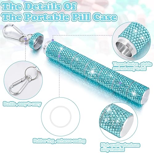 Miniatura 3 de Tioncy Pastillero portátil con diamantes de imitación para llavero, pequeño con purpurina, impermeable, con brillantina, de aluminio, reutilizable,