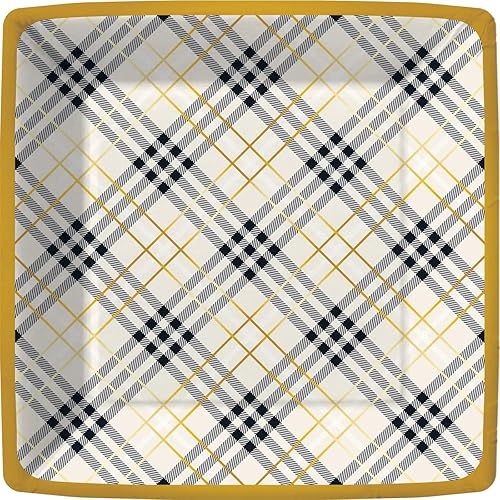 Platos de papel decorativos de 10.25 pulgadas, platos llanos desechables en blanco y negro, para recepción, boda, fiesta, tartán a cuadros, borde