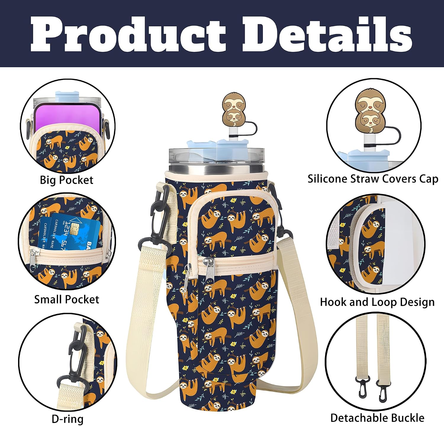 Stanley Cup Bag, Cup Holder for Stanley 30oz/40oz Tumbler with Handle, Stanley Carrier Bag with 4Pcs Cute Straw Topper for Stanley Cup Accessories image 2