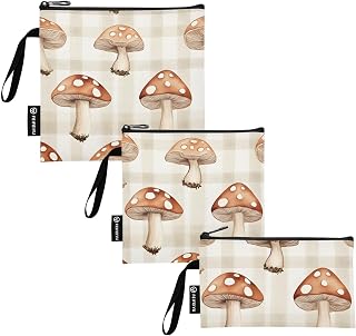 Reusable Sandwich and Snack Bags, Mushroom Pattern for Adults or Lunch, Washable Fabric, Waterproof Cloth Zip Bag, Travel Pouch, Food-Safe Storage 3-pk