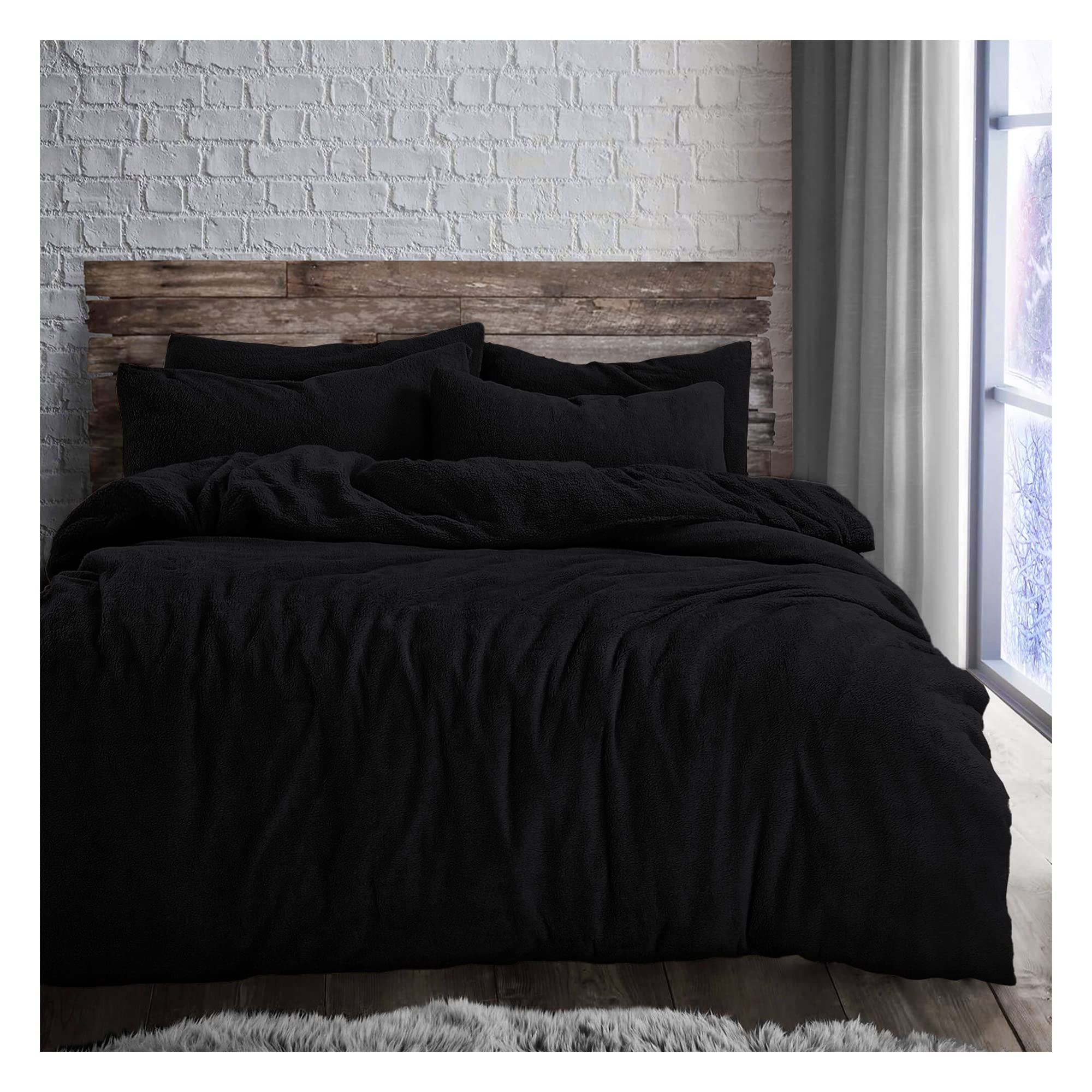 Lions Teddy Bear Bedding Set - Fluffy Thermal Warm Cosy Teddy Fleece Bedding with Pillowcase, Sherpa Quilt Covers, Black, Double Bed Size, 200x200cm