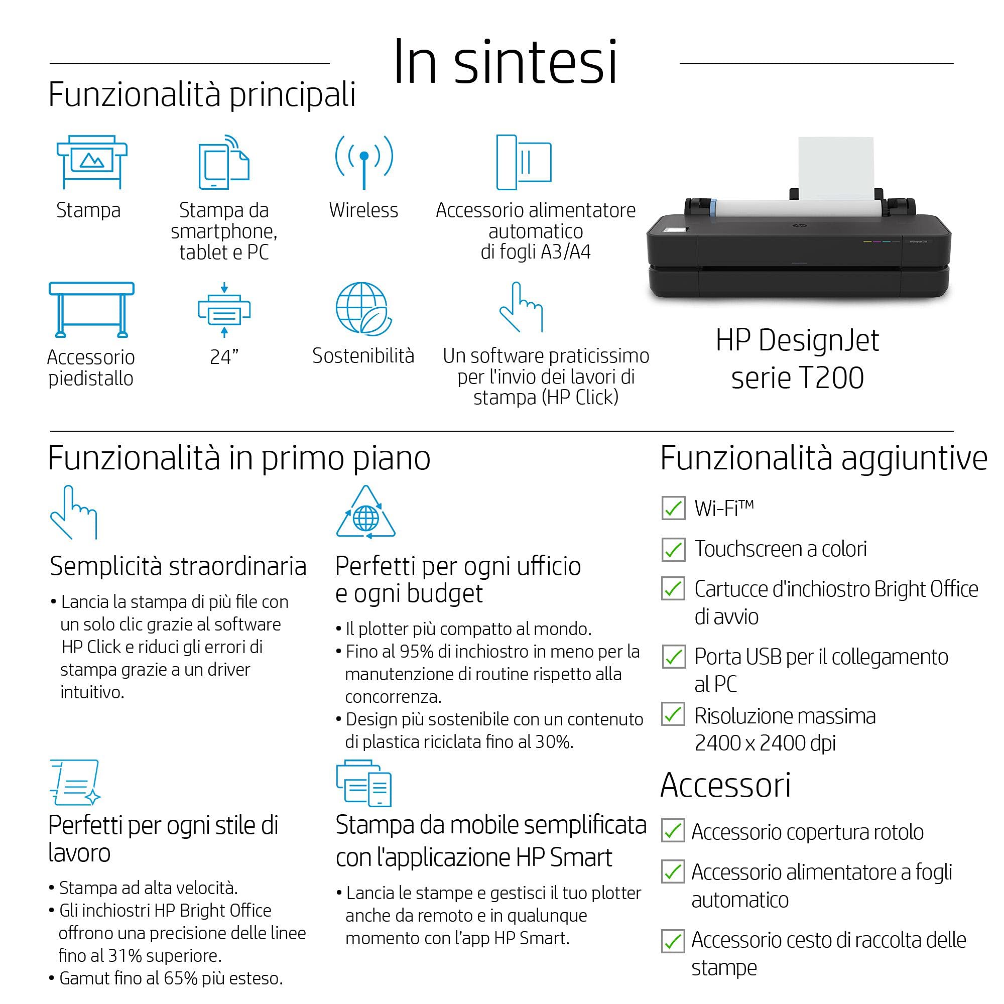 HP DesignJet T230 Stampante per Grandi Formati da 61 cm 5HB07A, Formati supportati da A4 ad A1, velocità 68 Pagine A1 all’Ora, Gigabit Ethernet, USB Hi-Speed 2.0, Wi-Fi, Garanzia 1 Anno, Nero