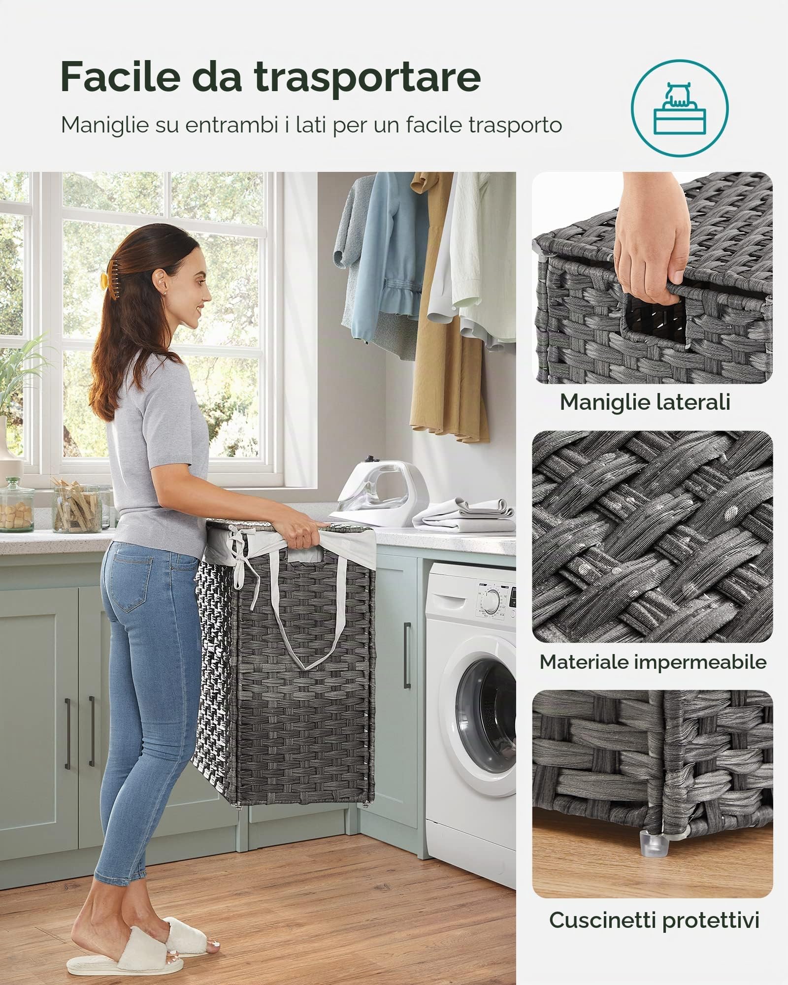 SONGMICS Cesto Porta Biancheria Intrecciato a Mano, 110L, Cesta in Rattan Sintetico Pieghevole con Coperchio e Manici, Sacco Interno Rimovibile, per Vestiti Differenziati, Grigio LCB52WG