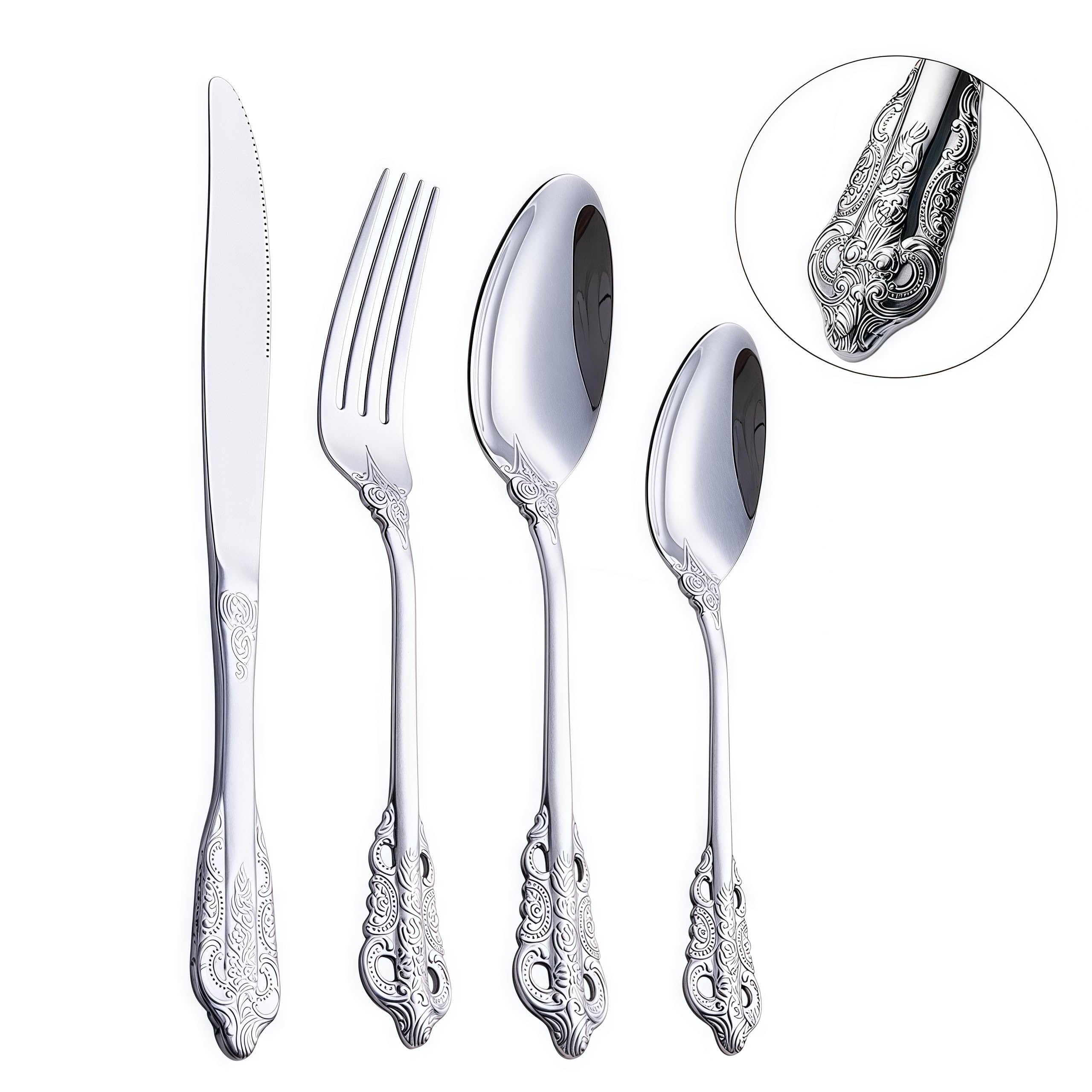 Juego de cubiertos martillados de 24 piezas, acero inoxidable, cuchillo, tenedor, cuchara, juego de cubiertos para 6 personas, modernos cubiertos de plata para casa/restaurante/fiesta