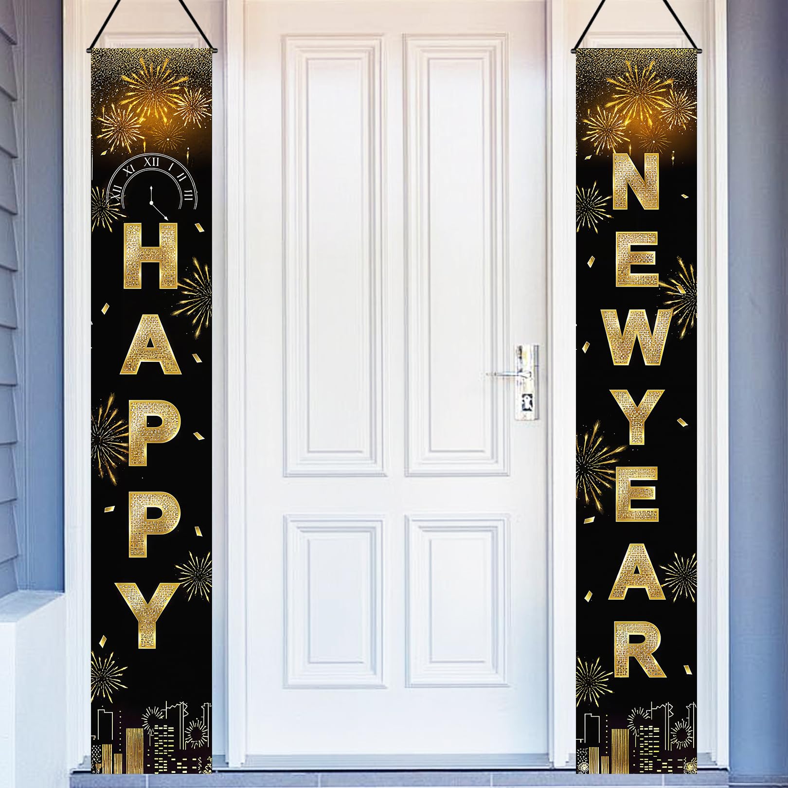Happy New Year Door Banners for New Years Eve Decorations 2026,Black and Gold Porch Sign Couplets Accessories Lightweigh for Outdoor Party Decoration,Fade-resistant Hanging Sign for Garden Photo Prop