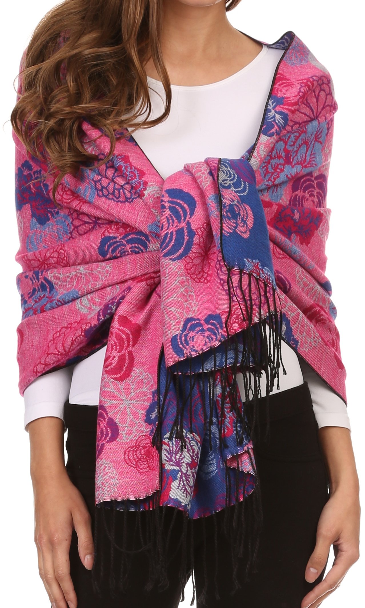 Sakkas Women's 3-Cobalt Chs1810 - Ontario Double Layer Floral Pashmina/Shawl/Wrap/Stole With Fringe - Os