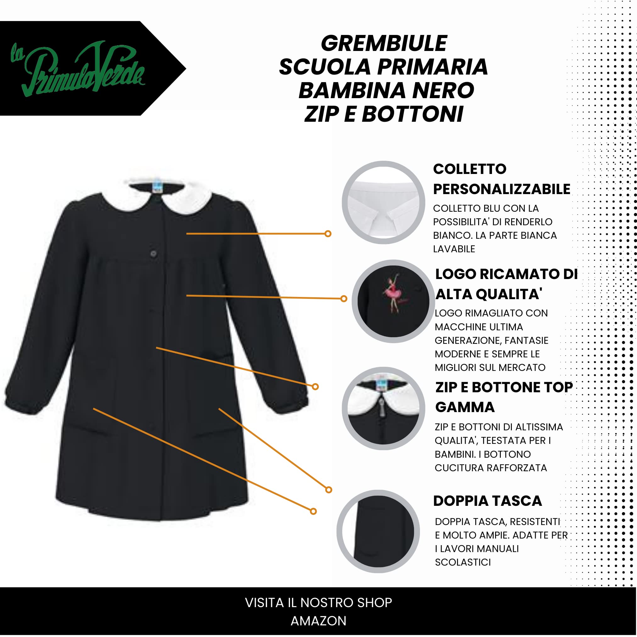 Grembiule Nero Bambina Scuola Elementare e Primaria, con Zip Centrale e Tasche, Tessuto Resistente e Traspirante, Varie Taglie
