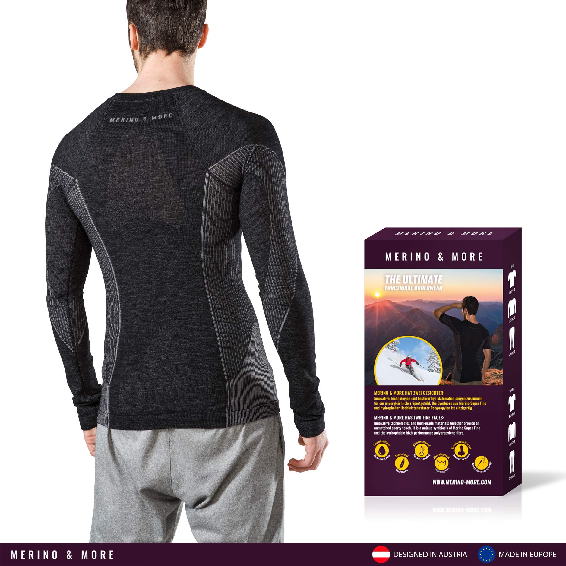 Merino & More Merino Shirt Herren Langarm - Funktionsunterwäsche Merinowolle T-Shirt lang, Schwarz-grau