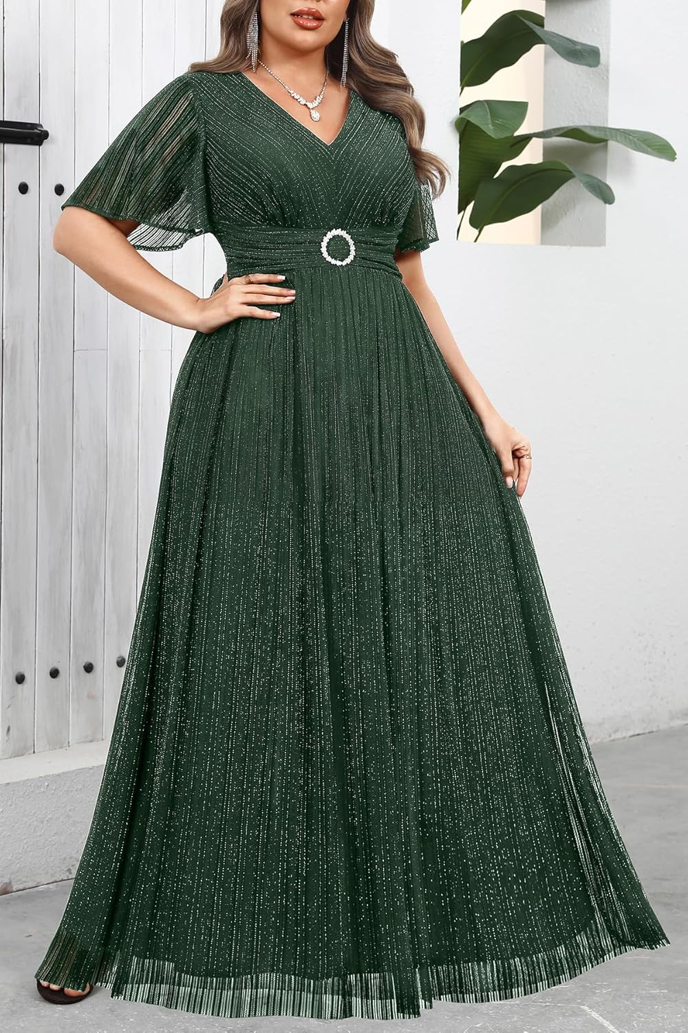 Plus Size Formal Dresses - Evening Gown Sparkly Sequin Glitter Prom Gala Ball Wedding Guest Maxi Dress with Short Sleeve - Image 4