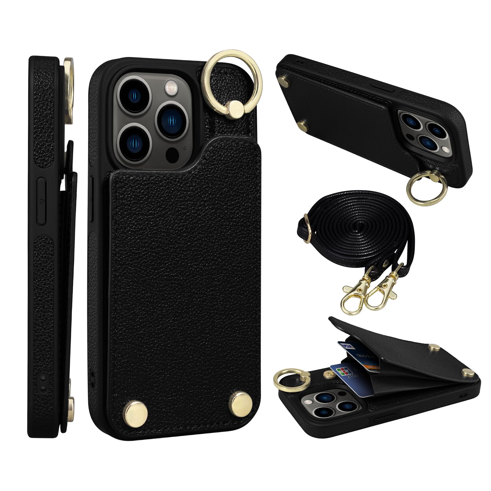 Rssvissfor iPhone 14 Pro Case Wallet Crossbody, Pebbles Leather Flip Case with Card Slots, Ring Holder Kickstand, RFID Blocking Protective Folio Cover Designed for iPhone 14 Pro 6.1 inch Black