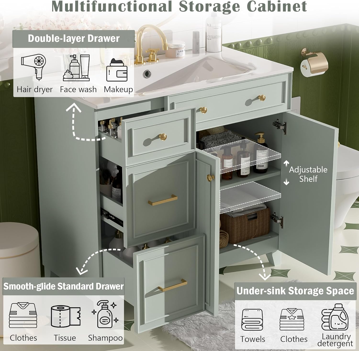 36" Bathroom Vanity with Ceramic Sink, Standard and Double-Layer Drawers, Soft Close Doors, Adjustable Shelves, Modern Storage Cabinet for Small and Medium Bathrooms, Green