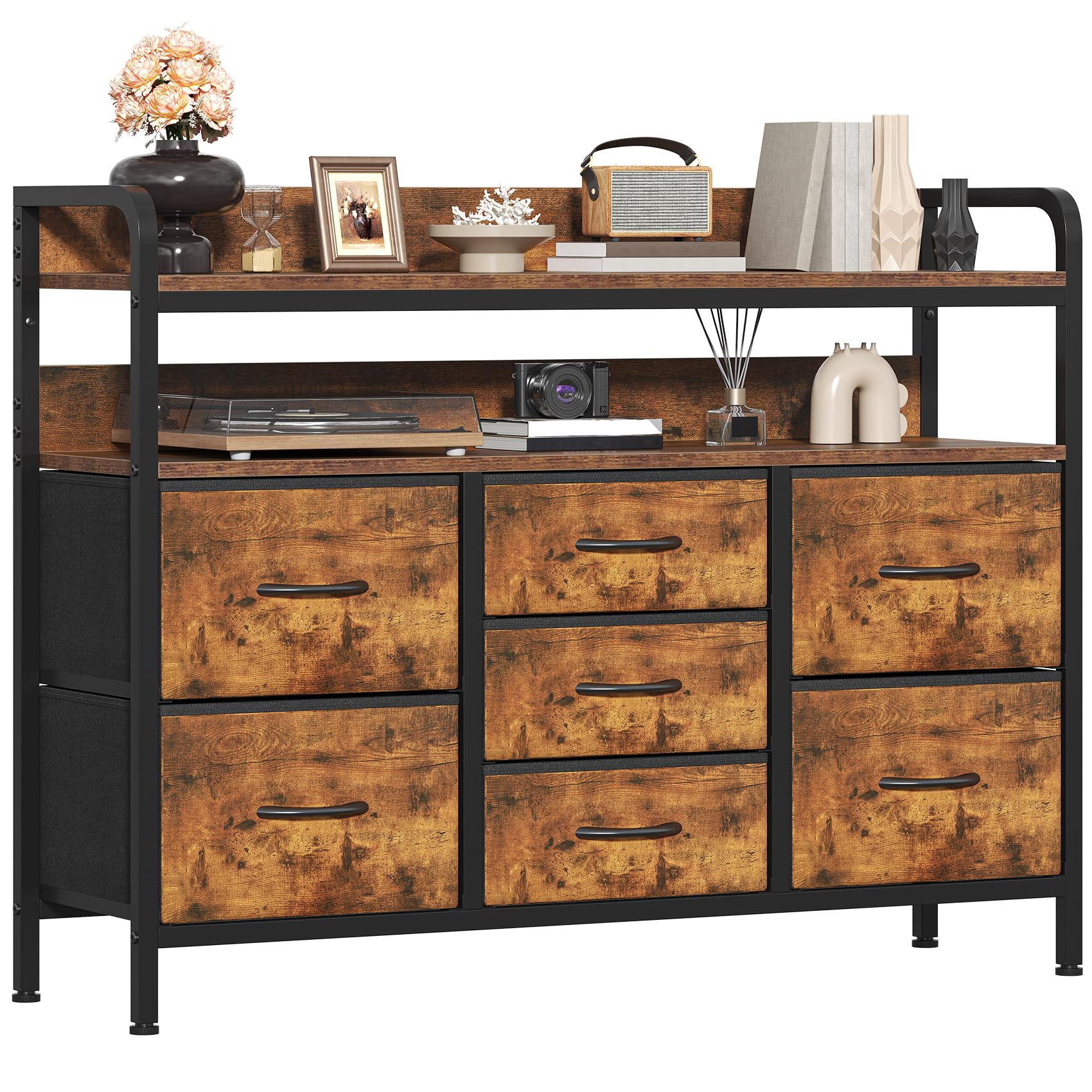 GoaHi Chest of Drawers Bedroom, 7 Fabric Drawers with 2 Layers Shelf, Storage Organizer Unit for Bedroom Living Room Closet, Sturdy Steel Frame & Wooden Top, Fabric Dresser, Rustic Brown