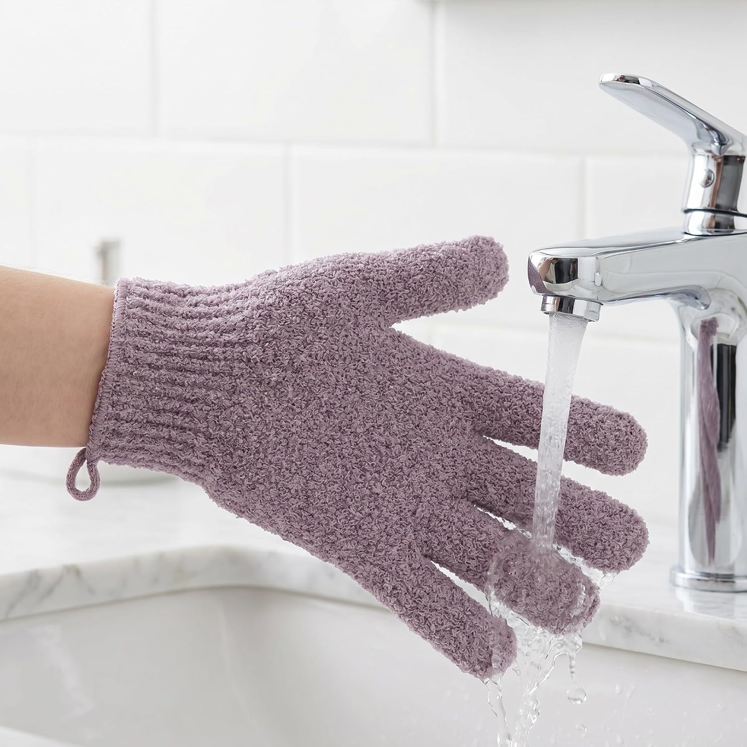TEHAUX 5 Pairs Exfoliating Bath Scrubber Gloves for Body with Five Finger Design, Ergonomic Fit, and Mild Cleansing, Polyester Shower Mittens for Men and Women, for Bath and Post Workout