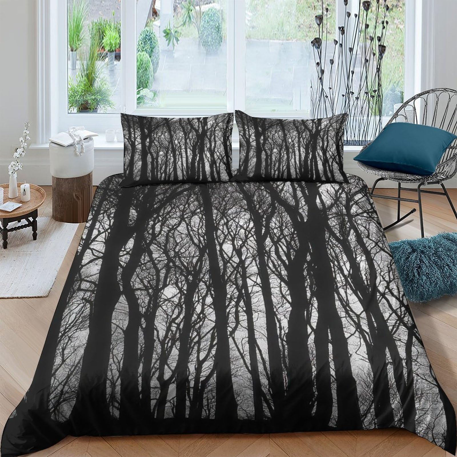 Ctjqhvkz Style-9 3D Printed Dark Forest Fitted Sheet Microfiber Soft Black Tree Shadows Bed Cover For Bedroom Dorm Mattress Protection Decor Single（135X200cm）